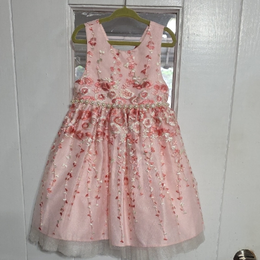 American Princess Girls Dress Pink‎ Floral Embroidered Beads Easter Sz 4 EUC